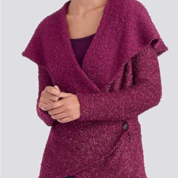 Cranberry Knit Wrap Front Long Cardigan Coat Single Button Maroon Jewel Tone - Picture 2 of 9